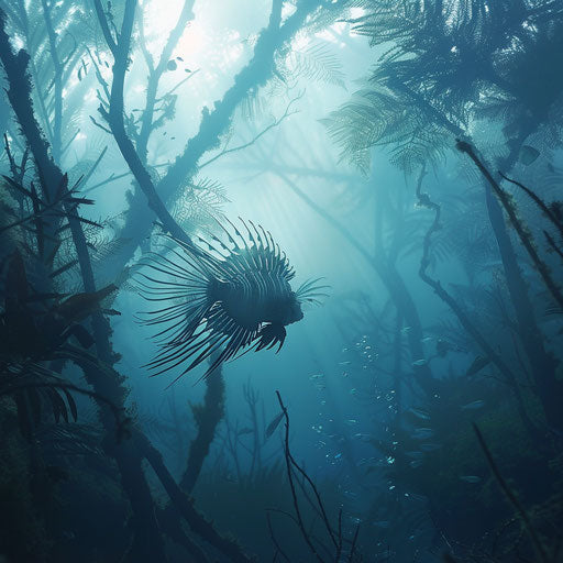 Lion fish in a foggy underwater forest, mystical and quiet