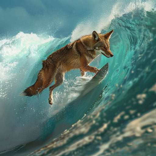 The coyote surfing a giant wave