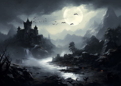 Bird of the night and stone castle black and white, orient-inspired style