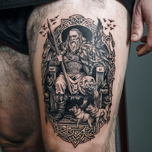 Majestic tattoo of Odin on his throne, flanked by ravens and wolves, with detailed depiction of Asgard in the background