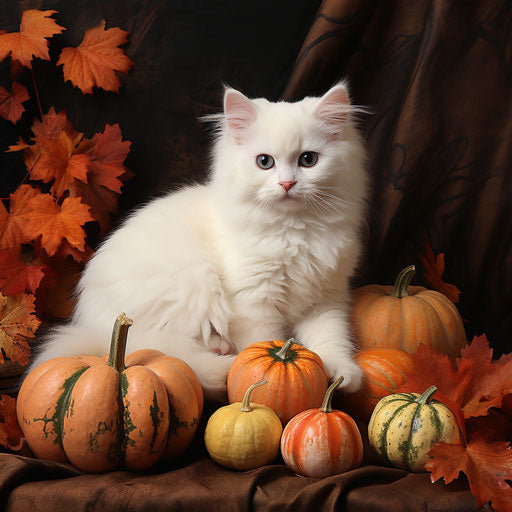 White cat resting with pumpkins