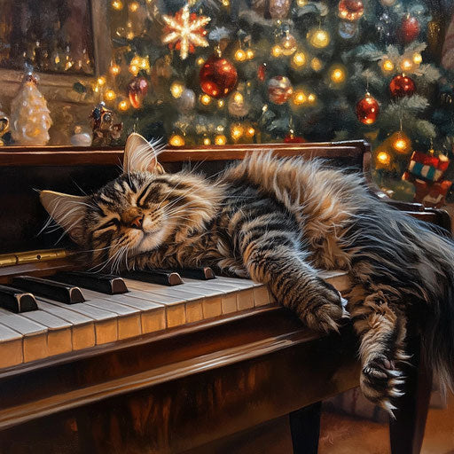 Long-haired cat lounging on piano playing holiday music