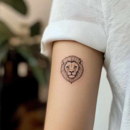 Small arm tattoos with a small lion head, in the style of David Palumbo