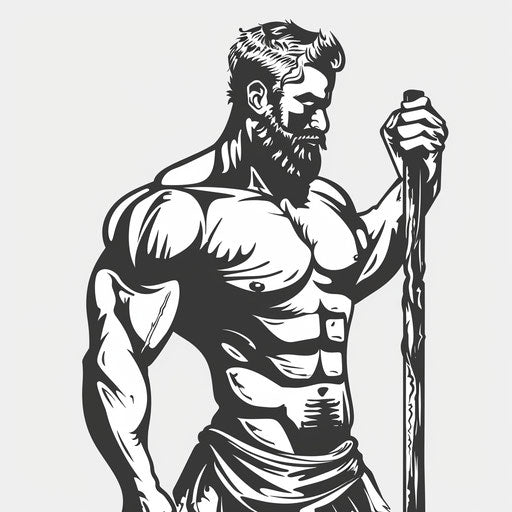 Sleek, monochrome tattoo sketch of Hercules with a club, modern minimalist clipart aesthetic