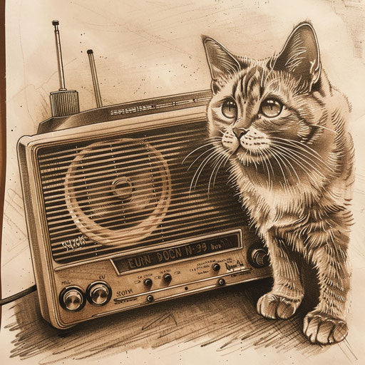 Nostalgic sketch of a cat by a vintage radio
