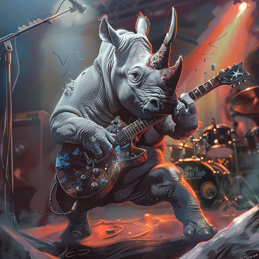 A rhinoceros playing electric guitar on stage