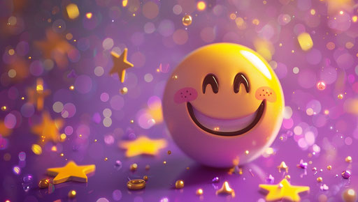 Animated happy face on purple background, light pink and gold