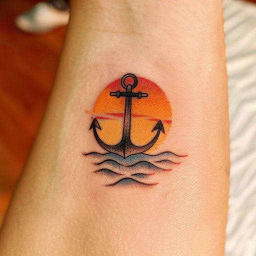 Nautical sunset tattoo with anchor on orange sea