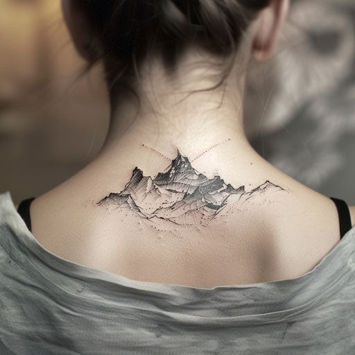 Back neck tattoo of an abstract mountain range