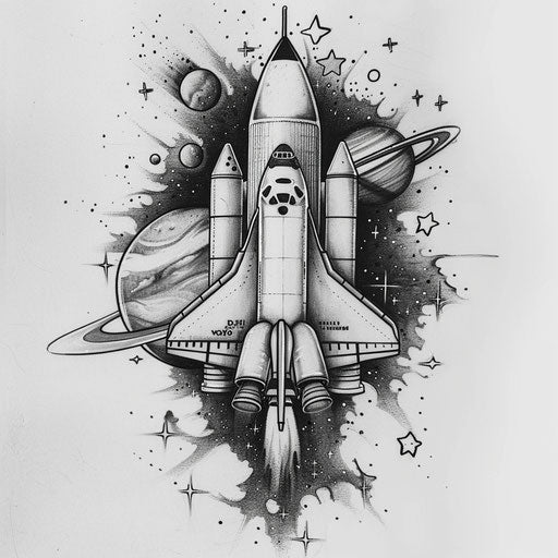 Futuristic tattoo sketch of a space shuttle with stars and planets