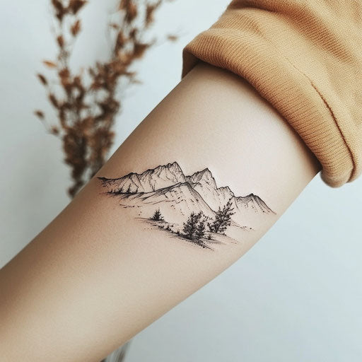 Minimalist mountain range arm tattoo for females in black ink