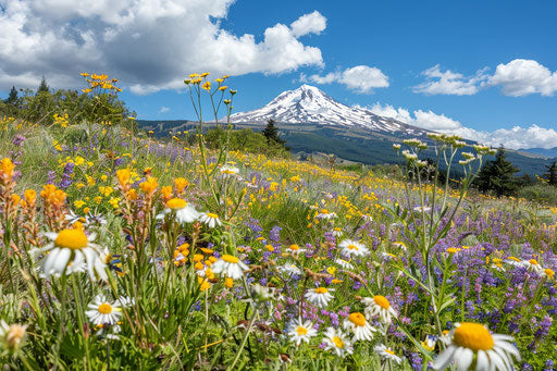 Mount Hood in Oregon with a snow cap, beautiful wildflowers at the base of the mountain
