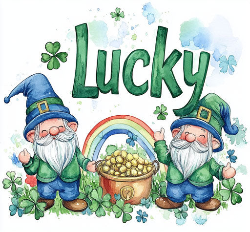 St. Patrick's Day, gnomes with rainbow and pot of gold