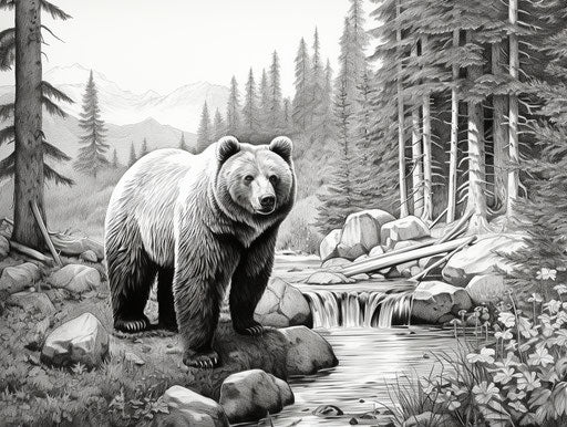 Brown bear with woods coloring page