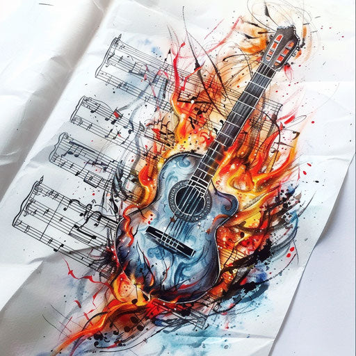 Music-themed fire tattoo, a guitar with fiery strings