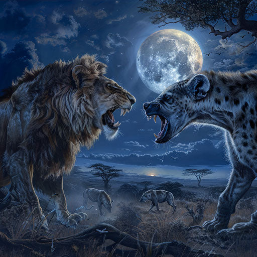 Clash of lions and hyenas under the full moon