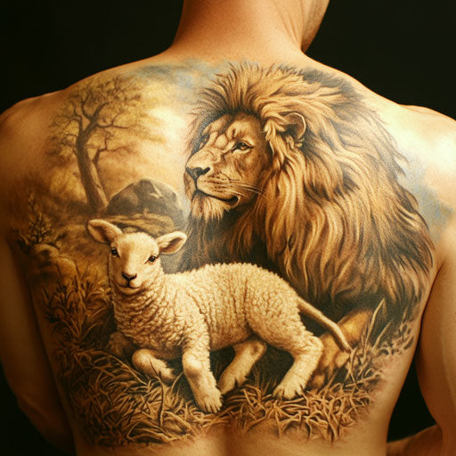 Christian tattoos for men with a lamb and a lion lying together on the back