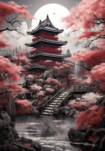 Japanese landscape painting in intricate black and white style
