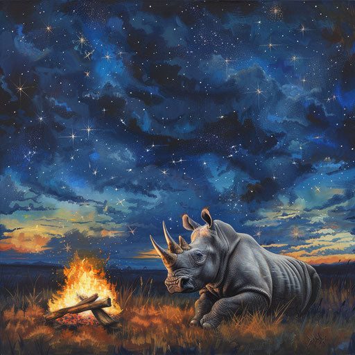 A rhinoceros under the stars by the campfire