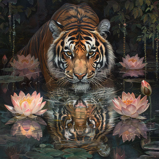 Tiger reflection in a crystal-clear pond surrounded by blooming lotuses