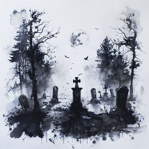 Chilling scene of a graveyard at midnight, eerie tattoo art on white canvas