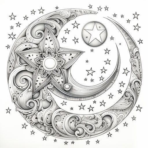 Coloring pages of the crescent and star, complex texture style
