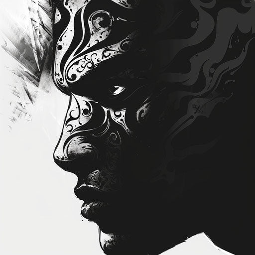 Reflective tattoo sketch of Baldur's face, half shadow, in monochrome shades