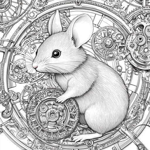 Mouse with intricate clockwork backdrop, in the Edward Julius Detmold style, Coloring page