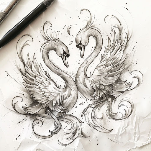 Romantic sparkle tattoo sketch of swans with shimmering feathers in soft whites and silvers