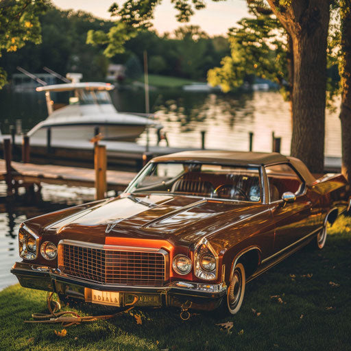 Nautical-themed 1976 Malibu Classic with wood paneling and a boat mast, parked by the lakeside