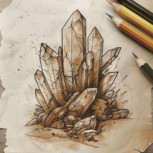 Rustic flat tattoo sketch of a rugged crystal