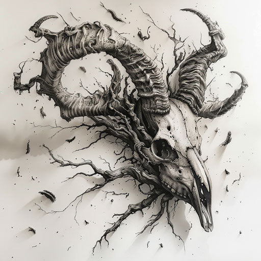 Animal skull with long twisting horns, blending natural and fantastical elements, tattoo concept on white surface