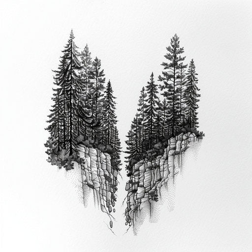 Intricate line work tattoo of dense forest with hidden path