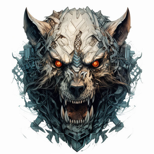 Bear with metal skull and wolf tattoo, digital painting style