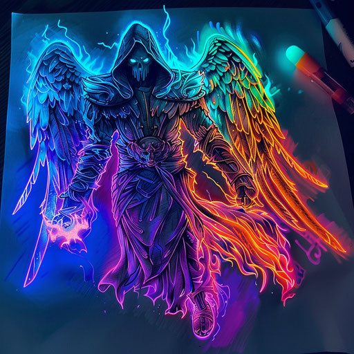 Luminous tattoo sketch of the angel of death with glowing elements, in neon colors