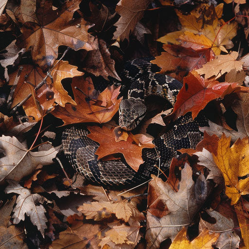 Rattlesnake camouflaged among fallen autumn leaves