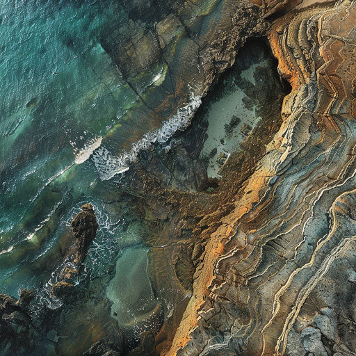 Rock beach with dramatic shoreline and rugged terrain