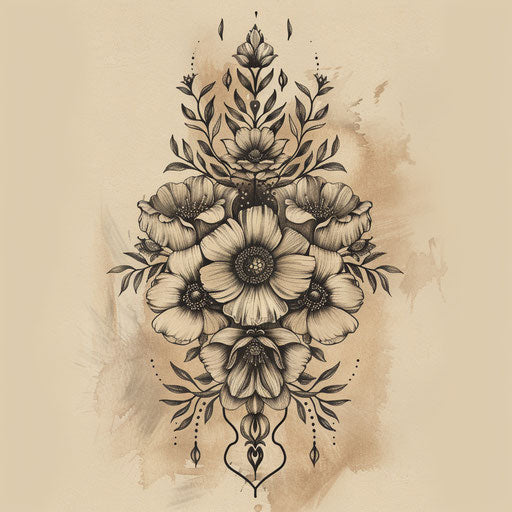 Rustic flat tattoo sketch for 13 tattoo with earth tones and vintage floral patterns