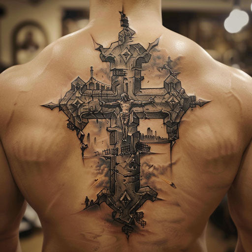 Dynamic cross tattoo for men with heroic scenes