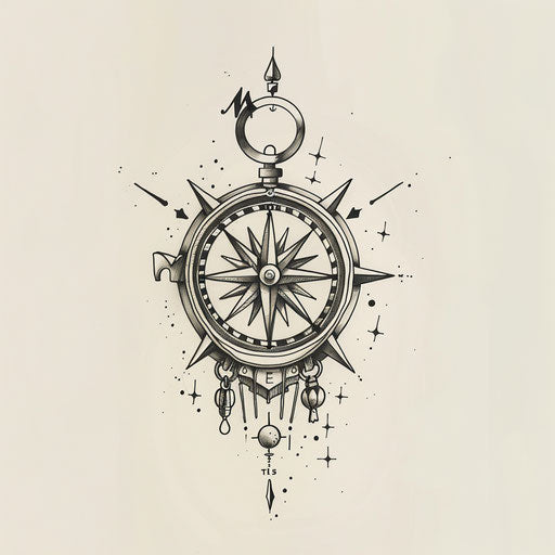 Flat tattoo sketch of an enigmatic old compass with cryptic symbols