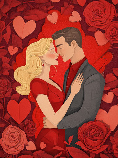 Valentine's Day, a loving couple surrounded by hearts and roses, woman in red dress, man in gray blazer