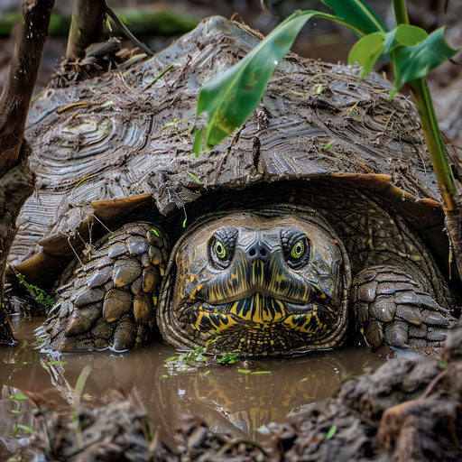 A snapping turtle blending into the muddy riverbank