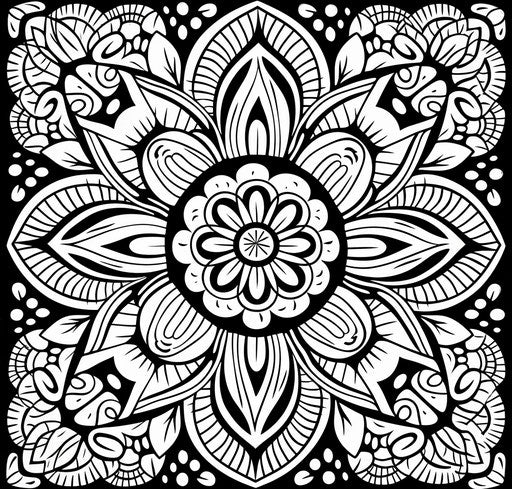 Mandala flower coloring pages, black and white drawings style, algeapunk, unbelievably beautiful, detailed texture, detailed skies, rug, Indian motifs 76:73