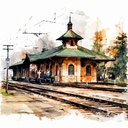 Train station clipart in oil painting style