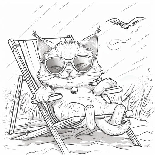 Playful cartoon cat with sunglasses on beach chair
