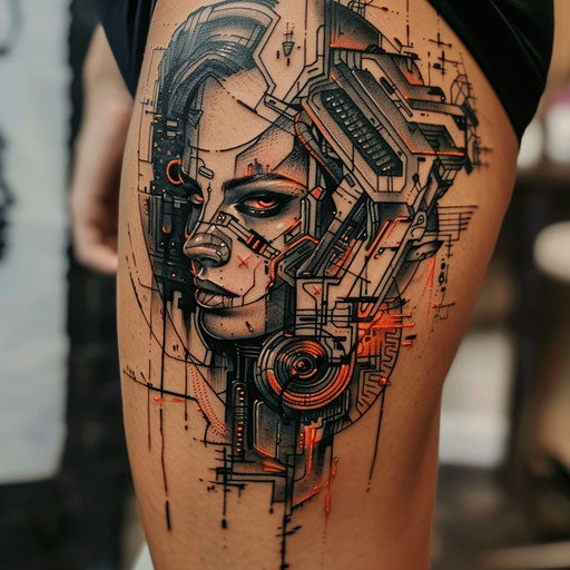 Hip tattoo with cyberpunk theme, Adrian Smith style