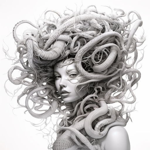 Drawing of a woman with a Medusa head, hyper-detailed style