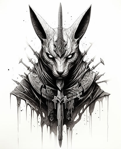 Tattoo of Egyptian enemy with sword, detailed sci-fi style