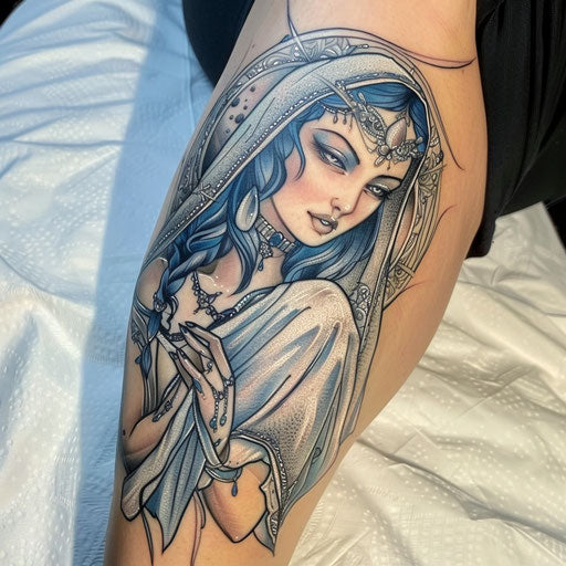 Enchanting neo-traditional tattoo of a moon goddess