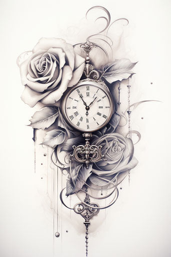 Rose tattoo on pencil paper with a clock